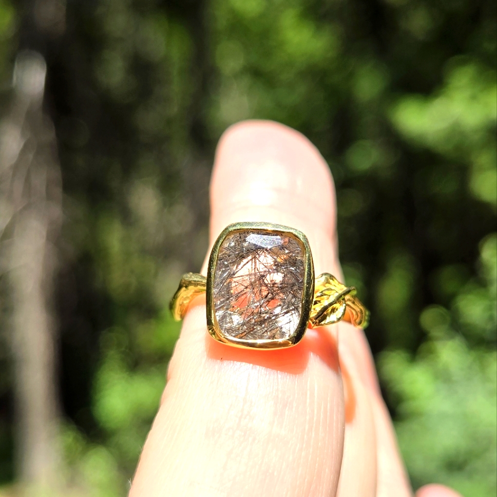 Rutilated Quartz 7k Cushion Cut Sterling & Gold Ring Sz8.75